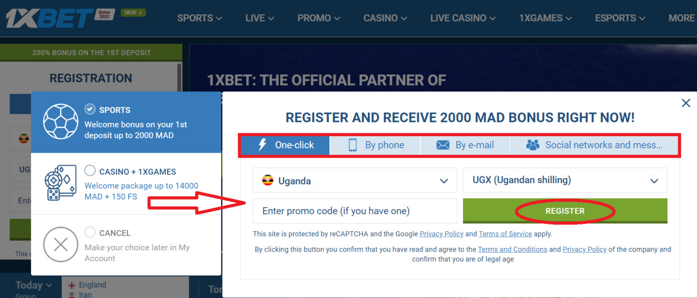1xBet Uganda One-click registration